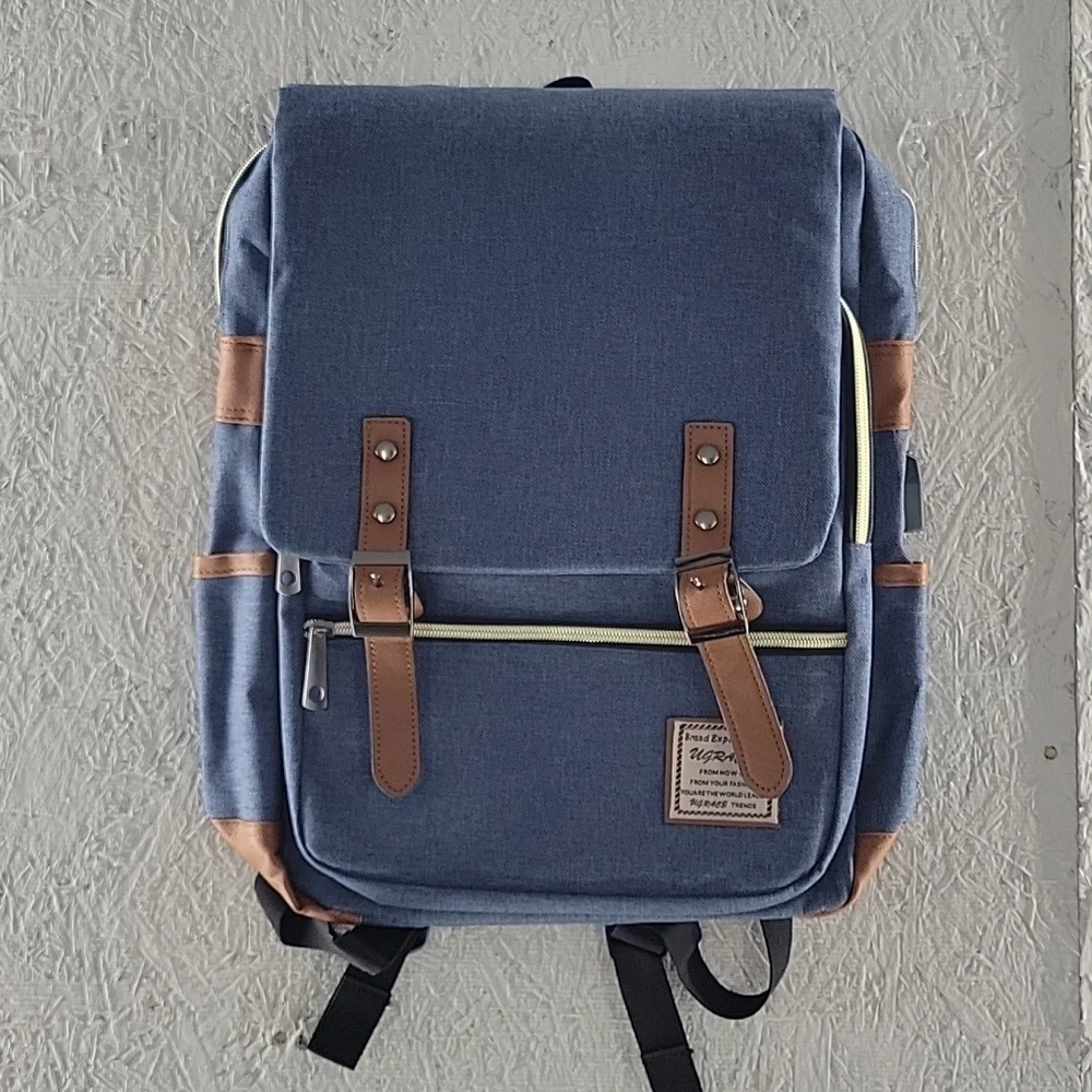Stylish Blue and Brown Backpack Vintage Style NWOT